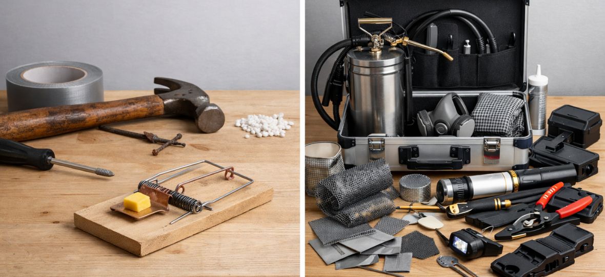 Hardware-store snap trap beside professional rodent control tools, DIY vs. professional comparison