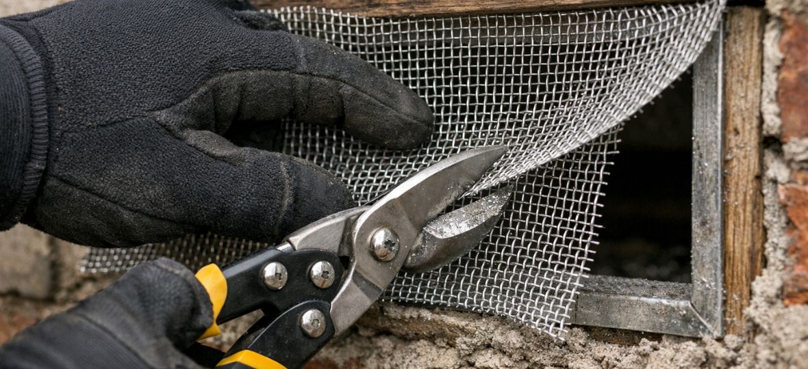 Stainless-steel mesh being installed in a crawl-space vent, how rodent exclusion works in Forsyth County