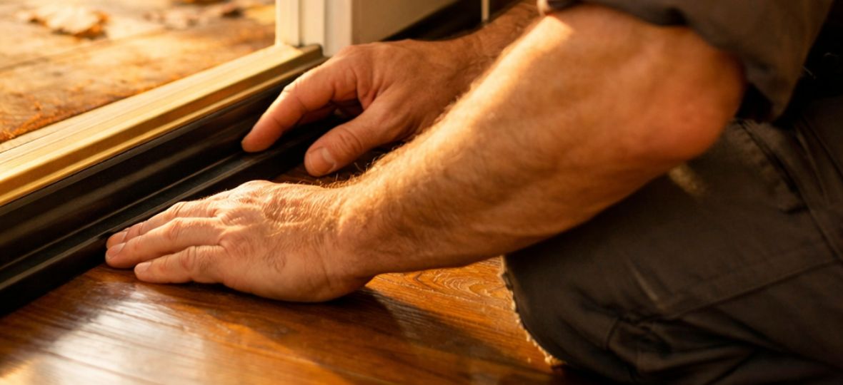 Homeowner inspecting a door sweep in autumn, fall rodent-proofing checklist for Winston-Salem