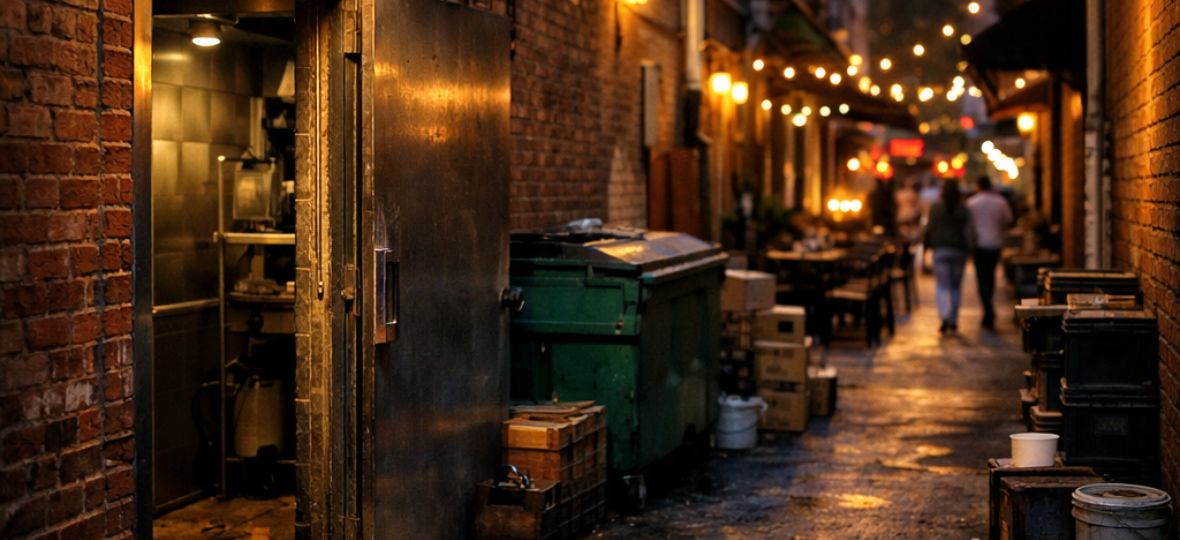 4th Street restaurant corridor in downtown Winston-Salem at dusk, Norway rat pressure zone