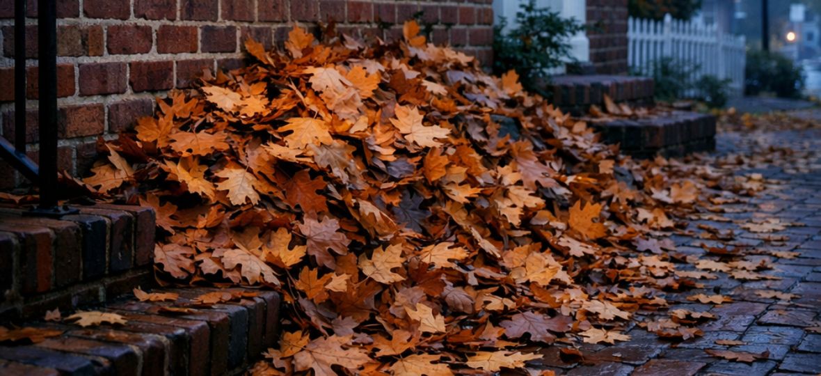 Autumn leaves outside a Winston-Salem home, rodent pressure peaks in fall and winter