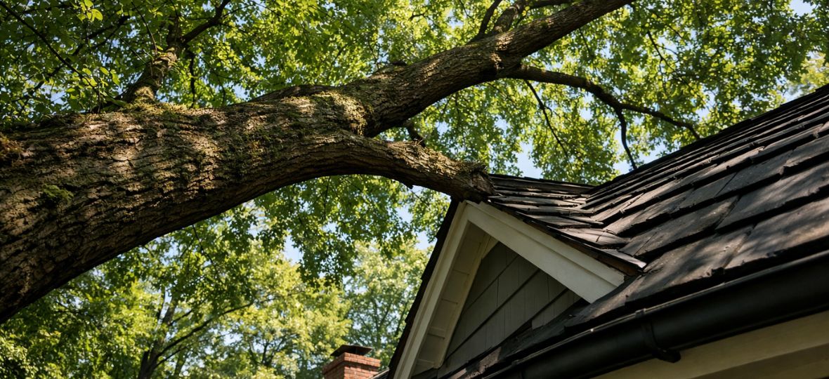 Mature hardwood canopy overhanging a residential roofline in west Winston-Salem, roof rat access route