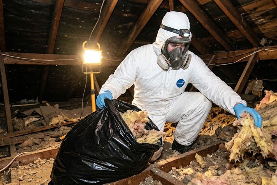 Attic insulation contaminated by roof rat activity, before cleanup and sanitization