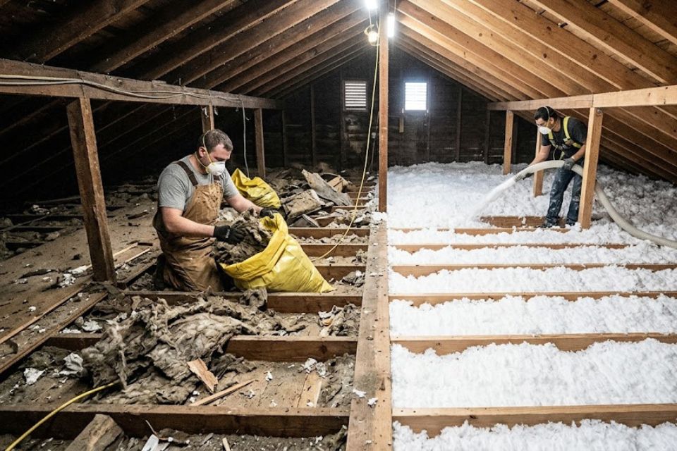 Rodent electrical damage inspection in a Winston-Salem home attic with exposed wiring