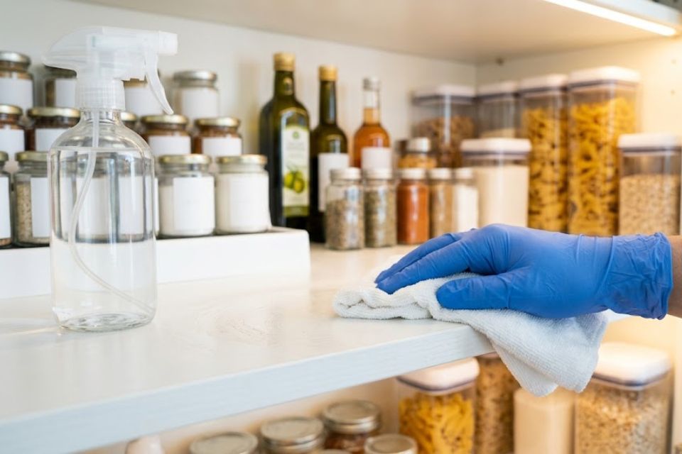 Technician in PPE cleaning rodent droppings, professional cleanup in Winston-Salem