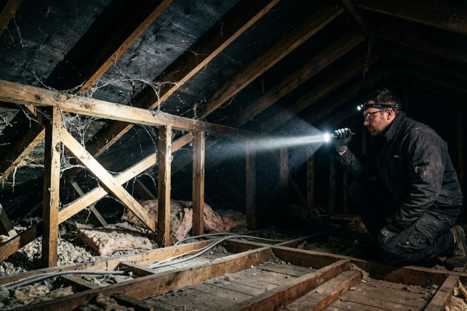 Free rodent inspection, technician documenting evidence in a Forsyth County home